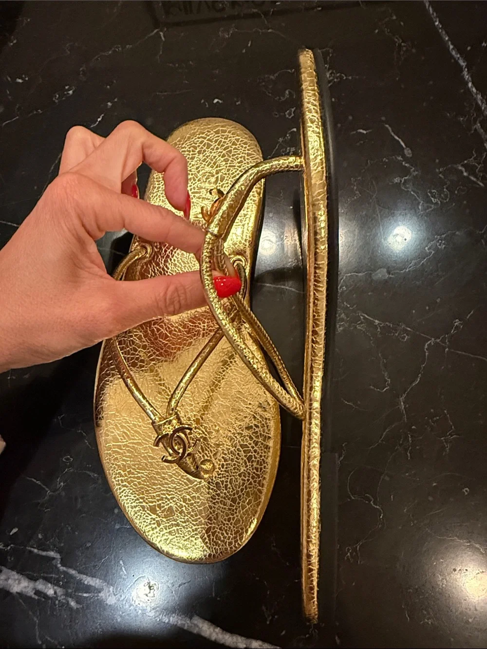 CHANEL Metallic Gold Leather Thong Sandals with Double CC Logo